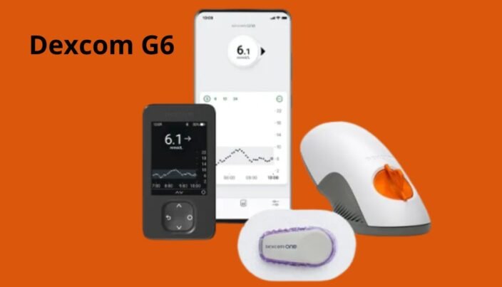 2 Melhores Aparelhos de Glicemia Sem Furar o Dedo 3 Ilustração detalhada do sistema de monitoramento contínuo de glicose Dexcom G6. A imagem destaca o sensor pequeno e ovalado aderido à pele, conectado a um transmissor compacto que envia dados em tempo real para dispositivos móveis, como smartphones e smartwatches.