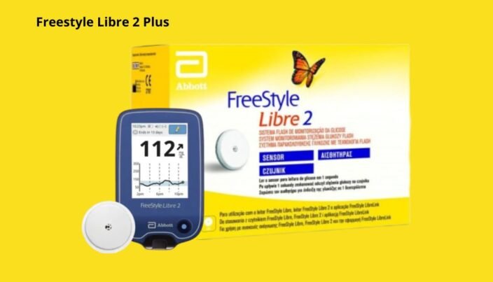 2 Melhores Aparelhos de Glicemia Sem Furar o Dedo 2 Ilustração do sistema de monitoramento contínuo de glicose Freestyle Libre 2 Plus. A imagem apresenta a embalagem do produto ao lado do sensor e do leitor de glicose, destacando seu design compacto e moderno.