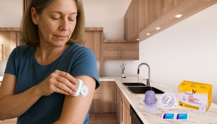 2 Melhores Aparelhos de Glicemia Sem Furar o Dedo 1 Uma pessoa aplicando cuidadosamente o sensor de um dos aparelhos de glicemia sem furar o dedo na parte posterior do braço. A cena ocorre em uma cozinha bem iluminada, onde uma caixa do kit está posicionada sobre uma elegante mesa de mármore. A imagem destaca a praticidade e conforto do dispositivo, permitindo o monitoramento contínuo dos níveis de glicose de forma não invasiva.
