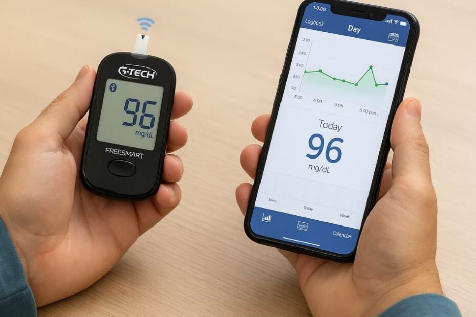 Paciente utilizando o G-Tech Free Smart conectado ao celular via Bluetooth