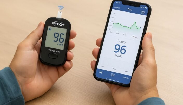 G-Tech Free Smart: Controle Prático e Inteligente da Glicose 1 Paciente utilizando o G-Tech Free Smart conectado ao celular via Bluetooth