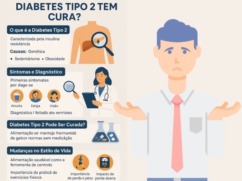 Diabetes Tipo 2 Tem Cura? Descubra a Verdade com Fatos 1 Infográfico educativo em português sobre se a Diabetes Tipo 2 tem cura, apresentando definição da doença, sintomas, fatores de risco, possibilidades de cura, remissão, mudanças no estilo de vida, tratamentos e acompanhamento médico, com ícones ilustrativos e layout informativo.