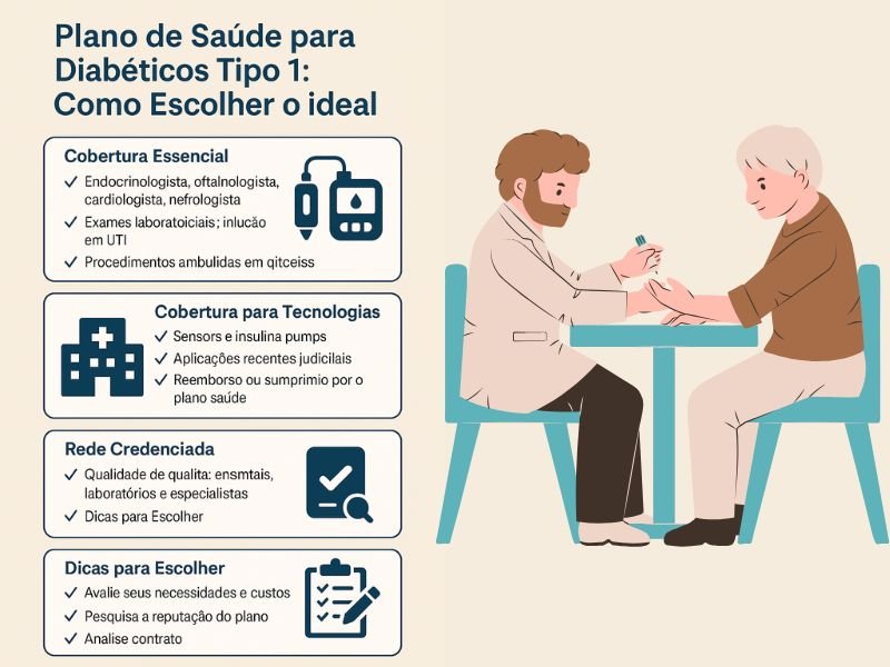 Plano de Saúde para Diabéticos Tipo 1: Como Escolher o Ideal 1 Infográfico sobre plano de saúde para diabéticos tipo 1, destacando cobertura essencial com especialistas, exames laboratoriais, procedimentos ambulatoriais, cobertura para tecnologias como sensores e insulina, rede credenciada de hospitais e clínicas, além de dicas para escolher o plano ideal.