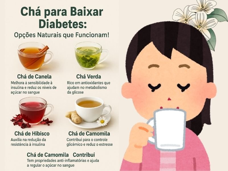 Chá para Baixar Diabetes: Opções Naturais que Funcionam! 1 Infográfico educativo sobre chá para baixar diabetes naturalmente, destacando opções como chá de canela, chá verde, hibisco, gengibre e camomila. Ao lado, ilustração de uma pessoa apreciando uma xícara de chá, promovendo bem-estar e saúde.