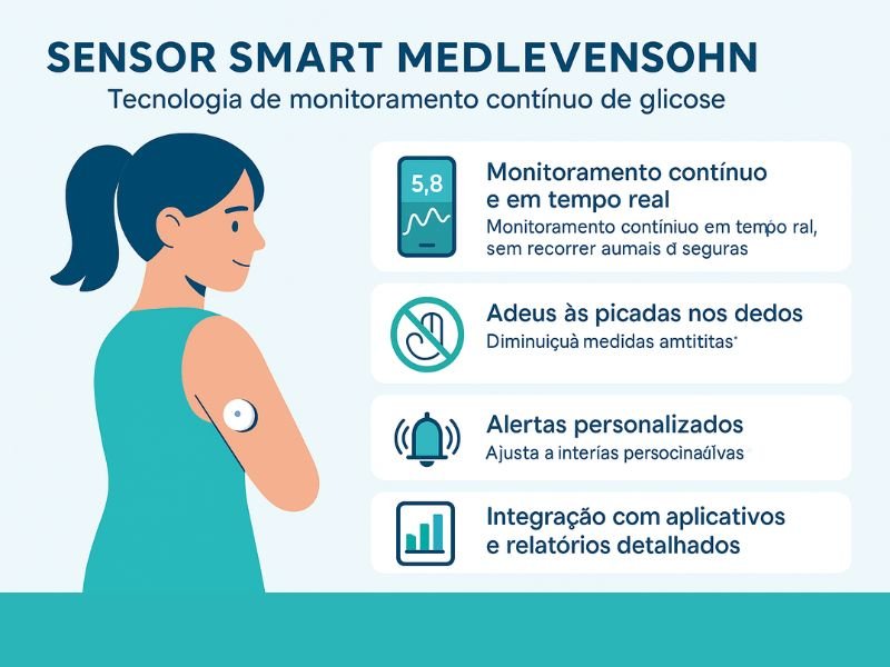 Sensor Smart Medlevensohn: Tecnologia que Transforma Vidas 1 Infográfico sobre o Sensor Smart Medlevensohn, destacando monitoramento contínuo de glicose em tempo real, sem picadas nos dedos, alertas personalizados e integração com aplicativos. Design moderno, minimalista, em azul, verde, branco e cinza, com ilustração de uma mulher usando o sensor no braço.
