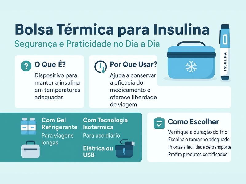 Bolsa Térmica para Insulina: Segurança e Praticidade 1 Infográfico sobre bolsa térmica para insulina, destacando o que é, por que usar, tipos disponíveis (com gel refrigerante, tecnologia isotérmica, elétrica ou USB) e dicas de como escolher. Design minimalista, moderno, nas cores azul, verde, branco e cinza, representando saúde e praticidade.