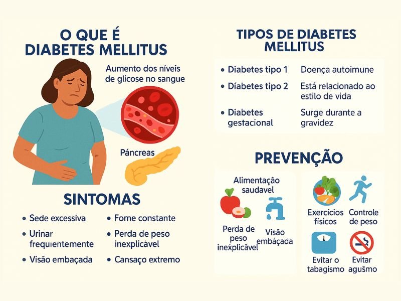 O que é Diabetes Mellitus: Entenda as Causas e Sintomas 1 Infográfico explicativo sobre o que é diabetes mellitus, mostrando definição, tipos (tipo 1, tipo 2 e gestacional), principais sintomas como sede excessiva e visão embaçada, além de dicas de prevenção, incluindo alimentação saudável e prática de exercícios físicos.