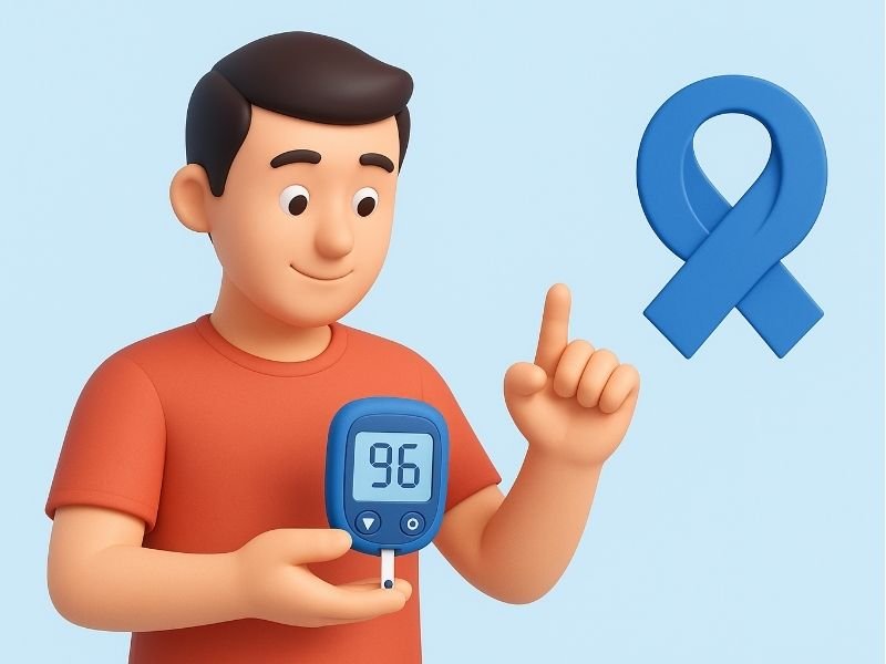 Diabetes: Como Controlar e Prevenir de Forma Eficiente 1 Pessoa medindo a glicose com glicosímetro e símbolo azul do diabetes ao fundo, representando o controle e a conscientização sobre diabetes.
