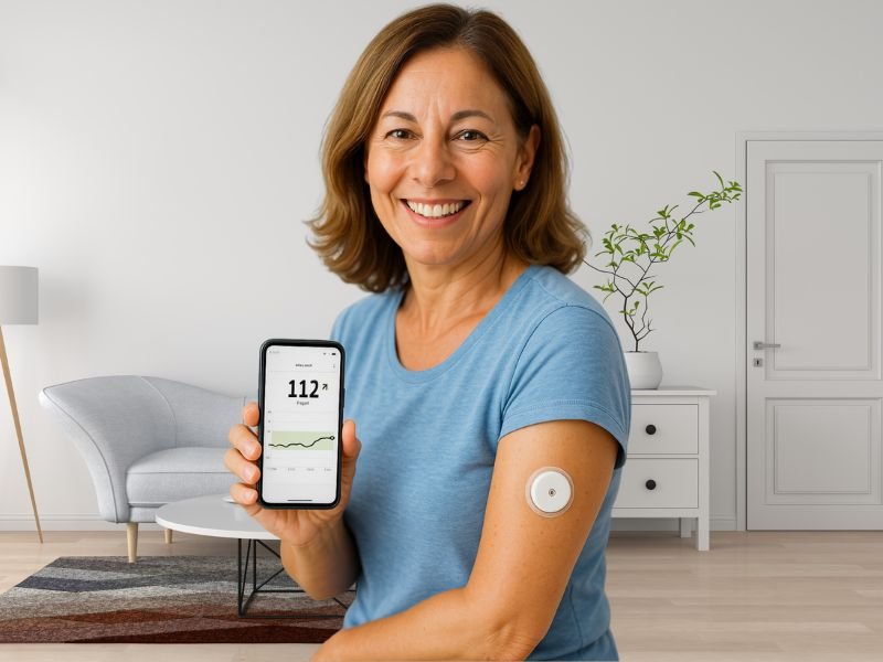 Freestyle Libre 2: O que é e por que ele está mudando vidas 1 Mulher de meia-idade sorrindo, usando sensor Freestyle Libre 2 no braço e acompanhando os níveis de glicose em tempo real no celular, em ambiente moderno e iluminado.