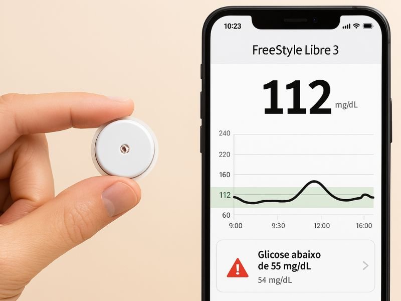 Freestyle Libre 3: Tecnologia no Controle da Diabetes 1 Imagem do sensor de glicose Freestyle Libre 3 sendo segurado por uma mão, ao lado de um smartphone exibindo o aplicativo com leitura de glicose em tempo real, mostrando 112 mg/dL e alerta de hipoglicemia.