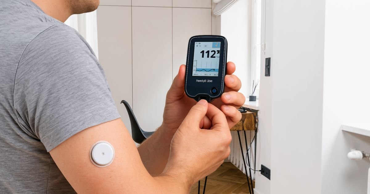 Medidor de Diabetes Digital Conectados com Aplicativos 1 Pessoa utilizando o medidor de diabetes digital FreeStyle Libre no braço para monitorar a glicose no sangue de forma indolor e precisa.