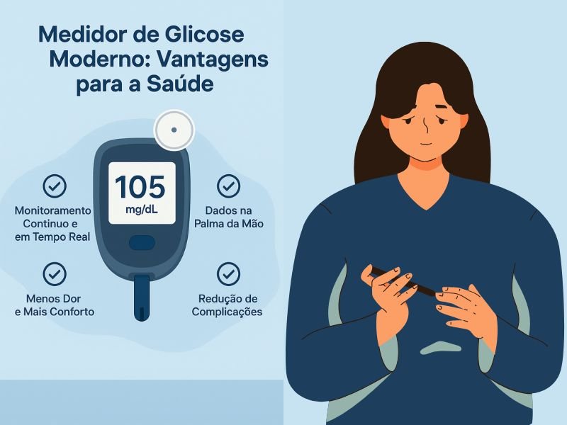 Medidor de Glicose Moderno e Confiável e Facilita o Dia Dia 1 Infográfico sobre tecnologia na saúde mostrando as principais vantagens do medidor de glicose moderno, incluindo precisão, facilidade de uso e monitoramento em tempo real.
