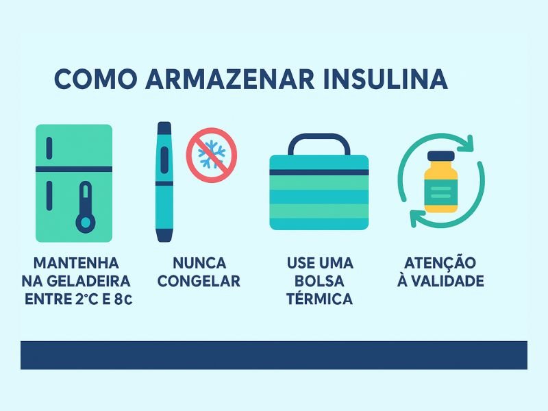 Como Armazenar Insulina: Guia Completo e Prático 1 Infográfico sobre como armazenar insulina corretamente, destacando: manter na geladeira entre 2°C e 8°C, nunca congelar, usar bolsa térmica e verificar a validade. Design flat, minimalista, nas cores azul, verde, branco e cinza, representando saúde e segurança no armazenamento de insulina.