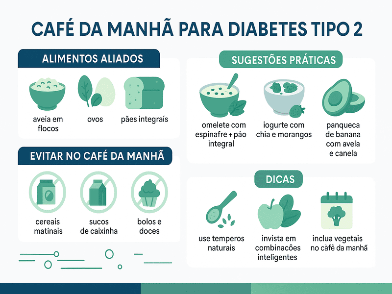 Café da Manhã para Diabetes Tipo 2 1 Infográfico colorido com sugestões de café da manhã para diabetes tipo 2, alimentos recomendados, itens a evitar e dicas práticas para uma alimentação saudável.