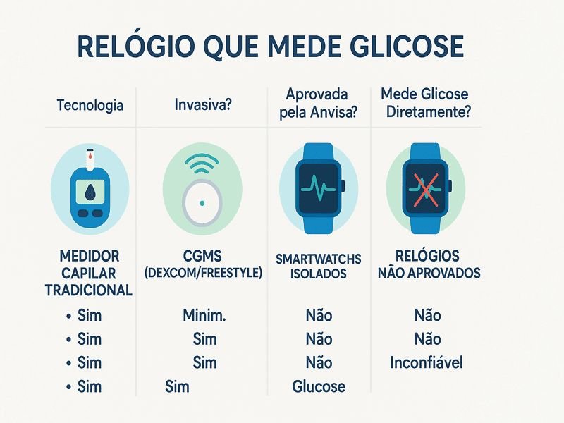 Relógio que mede glicose: Tecnologia, mito ou realidade? 1 Infográfico comparativo sobre relógio que mede glicose, destacando tecnologias como medidor capilar, CGMs Dexcom/Freestyle, smartwatches isolados e relógios não aprovados, com informações sobre invasividade, aprovação da Anvisa e capacidade de medir glicose diretamente.