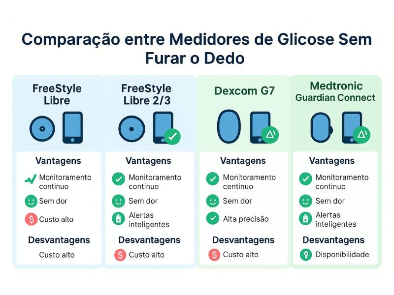 Qual o Melhor Medidor de Glicose sem Furar o Dedo? 1 Infográfico horizontal e moderno que responde à pergunta “qual o melhor medidor de glicose sem furar o dedo”, comparando FreeStyle Libre, Libre 2/3, Dexcom G7 e Medtronic Guardian Connect, com destaques para vantagens, desvantagens e recursos como monitoramento contínuo, alta precisão e alertas inteligentes. Design flat, minimalista, nas cores azul, verde, branco e cinza, associado à saúde e bem-estar.