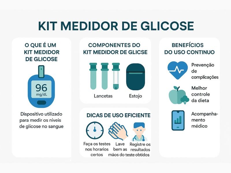Kit Medidor de Glicose: Controle Sua Saúde com Precisão 1 Infográfico horizontal e colorido em flat design com o título "Kit Medidor de Glicose", destacando o que é o dispositivo, seus componentes (lancetas e estojo), benefícios do uso contínuo (prevenção de complicações, controle da dieta, acompanhamento médico) e dicas de uso eficiente, com ícones lúdicos e paleta de cores azul, verde, branco e cinza, ideal para conteúdos sobre kit medidor de glicose e kit para glicemia.