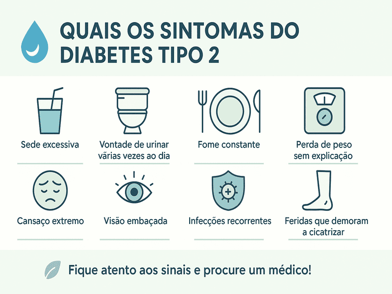 Quais os sintomas do diabetes tipo 2? 1 Infográfico ilustrando quais os sintomas do diabetes tipo 2, como sede excessiva, fome constante, cansaço e infecções frequentes.