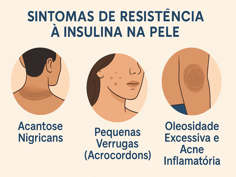 3 Sintomas de resistência à insulina na pele 1 Infográfico ilustrativo mostrando os principais sintomas de resistência à insulina na pele, incluindo acantose nigricans, pequenas verrugas (acrocordons) e oleosidade excessiva com acne inflamatória. Ideal para identificação visual de sinais dermatológicos associados à resistência à insulina