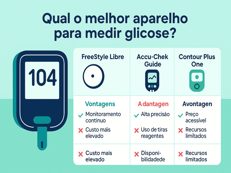 Qual o melhor aparelho para medir glicose? Saiba agora! 1 Infográfico horizontal em flat design com fundo azul e verde, comparando os principais aparelhos para medir glicose: FreeStyle Libre, Accu-Chek Guide e Contour Plus One, com ícones, vantagens e desvantagens explicadas visualmente. Ideal para quem busca saber qual o melhor aparelho para medir glicose.