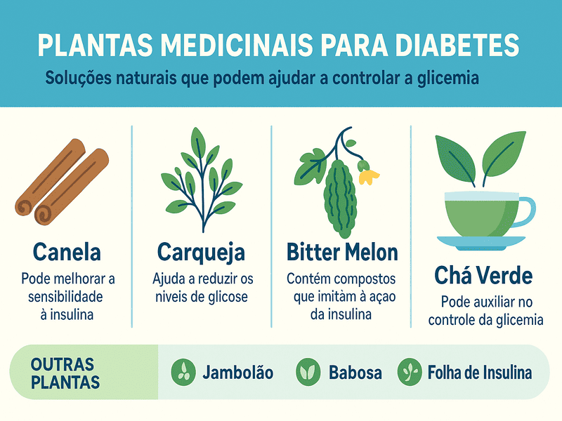 Plantas medicinais para diabetes: Soluções naturais 1 Infográfico sobre plantas medicinais para diabetes, apresentando canela, carqueja, bitter melon e chá verde com seus benefícios no controle da glicemia, em layout horizontal com design flat e cores azul, verde e branco. Ideal para informar sobre alternativas naturais no tratamento da diabetes.