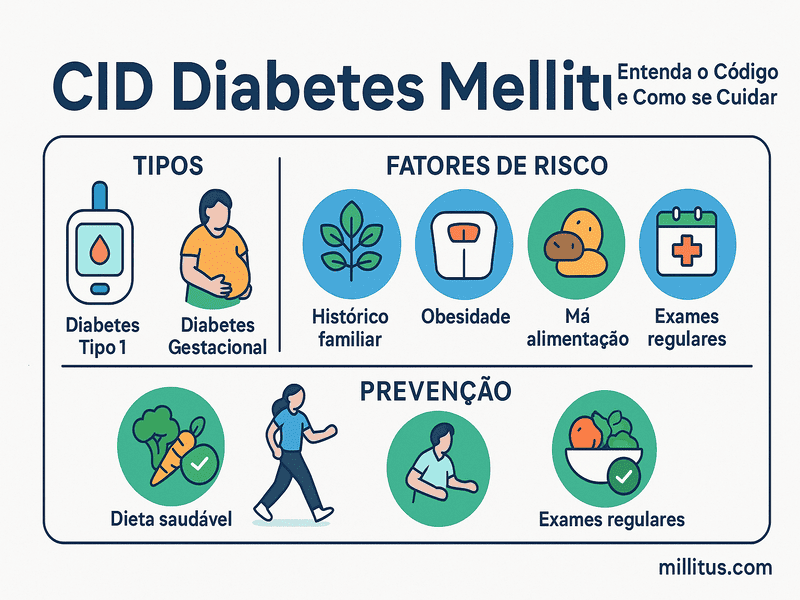 CID Diabetes Mellitus: Entenda o código e o que significa 1 Infográfico colorido e horizontal sobre CID diabetes mellitus, com ícones e textos explicativos sobre tipos de diabetes, fatores de risco e formas de prevenção. Design moderno em estilo flat, com paleta de azul, verde, branco e cinza, e assinatura “millitus.com” no rodapé.