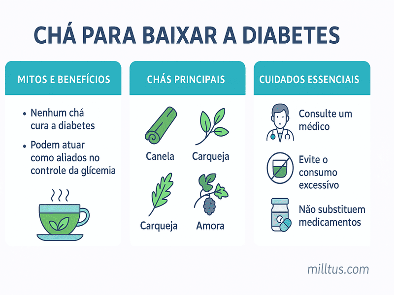 Infográfico horizontal e colorido com três colunas sobre chá para baixar a diabetes, destacando mitos e benefícios, tipos de chás como canela, carqueja e amora, e cuidados essenciais, com ícones ilustrativos e cores associadas à saúde.