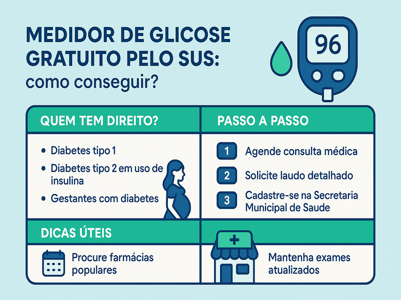 Medidor de glicose gratuito pelo SUS: como conseguir? 1 Infográfico explicativo sobre como conseguir medidor de glicose gratuito pelo SUS, com ilustrações e passo a passo simplificado. Paleta de cores azul, verde e branco, com ícones de saúde e visual moderno.