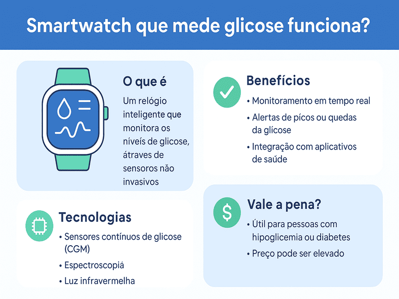 Smartwatch promete medir glicose. Dá pra confiar? 1 Infográfico horizontal em português explicando o funcionamento de smartwatches para medir glicose, com tecnologias como CGM, espectroscopia e luz infravermelha. Inclui benefícios e indicação para pessoas com diabetes. Design nas cores azul, verde e branco, com ícones de saúde e tecnologia.