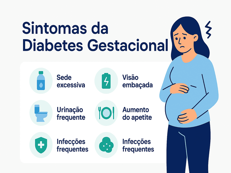 Sintomas de diabetes gestacional: conheça os sinais 1 Infográfico em estilo flat design com ilustrações coloridas apresentando os principais sintomas de diabetes gestacional em gestantes, como sede excessiva, urinação frequente, visão embaçada e infecções recorrentes.
