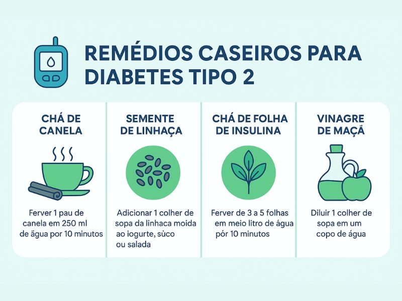 Infográfico moderno com 4 remédios caseiros para diabetes tipo 2, incluindo chá de canela, linhaça, folha de insulina e vinagre de maçã.