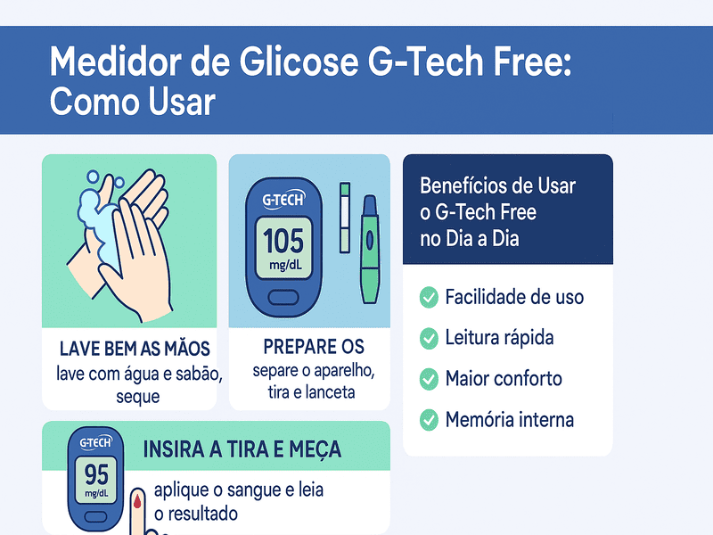 Medidor de glicose G-Tech Free como usar: 7 dicas práticas 1 Infográfico horizontal colorido sobre o medidor de glicose G-Tech Free como usar. Mostra ilustrações das etapas, como lavar as mãos, preparar o aparelho e inserir a tira para medir a glicose. Inclui ícones e texto em português destacando os benefícios do uso diário, com design flat moderno nas cores azul, verde e branco.