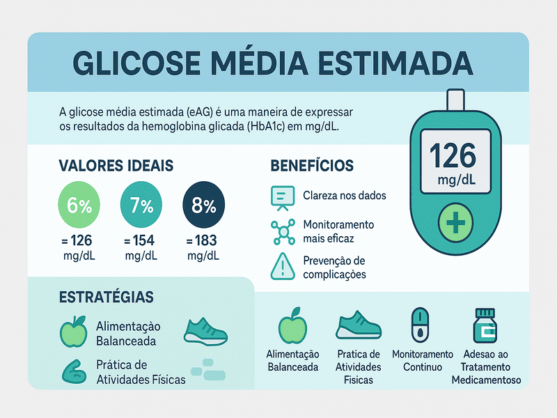 Glicose média estimada: O que é e Por que você deve entender 1 Infográfico sobre glicose média estimada, HbA1c e benefícios do controle glicêmico. Apresenta estratégias como alimentação balanceada, exercícios, monitoramento e adesão ao tratamento. Design moderno nas cores azul, verde, branco e cinza, ideal para conteúdos de saúde.