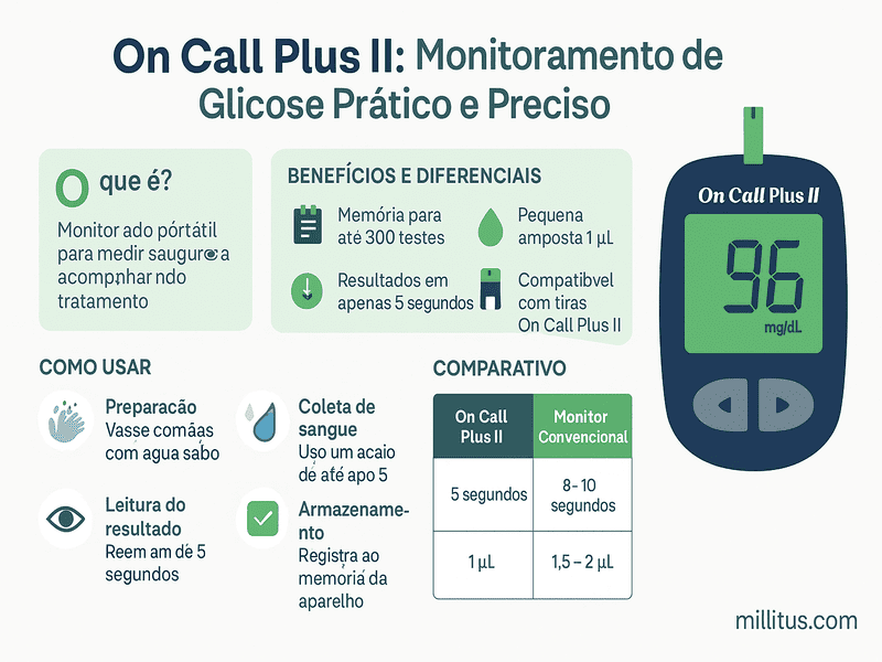 On Call Plus II: Monitoramento de glicose prático e preciso 1 Infográfico explicativo sobre o monitor de glicemia On Call Plus II, destacando benefícios, como usar, comparativo com outros monitores e ilustração do aparelho.