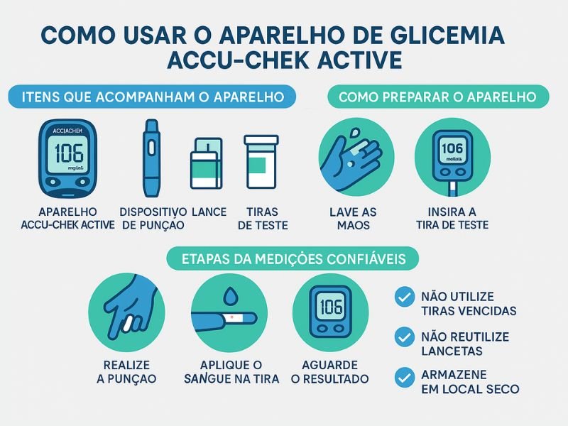 Aparelho de Glicemia Accu-Chek Active Como Usar? 1 Infográfico explicativo e moderno que mostra o aparelho de glicemia Accu-Chek Active como usar, destacando os itens que acompanham o dispositivo, como preparar o aparelho, etapas da medição e dicas essenciais para garantir resultados confiáveis. Visual clean e colorido com ícones em estilo flat.
