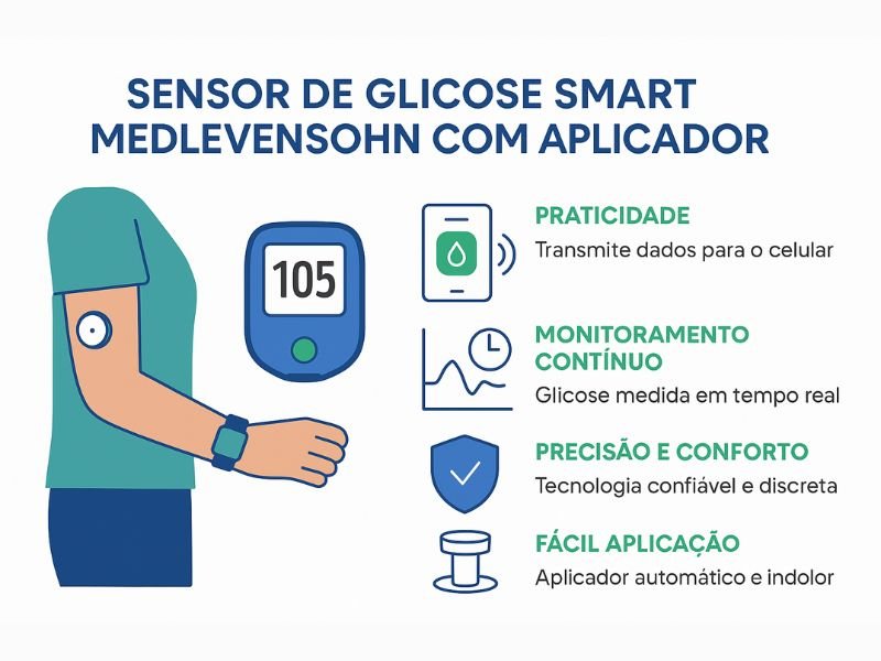 Sensor de Glicose Smart Medlevensohn com Aplicador 1 Infográfico do Sensor de Glicose Smart Medlevensohn com Aplicador, destacando benefícios como praticidade, monitoramento contínuo, precisão, conforto e fácil aplicação, em estilo flat design com cores azul, verde, branco e cinza, ideal para conteúdos sobre saúde e tecnologia para diabéticos.