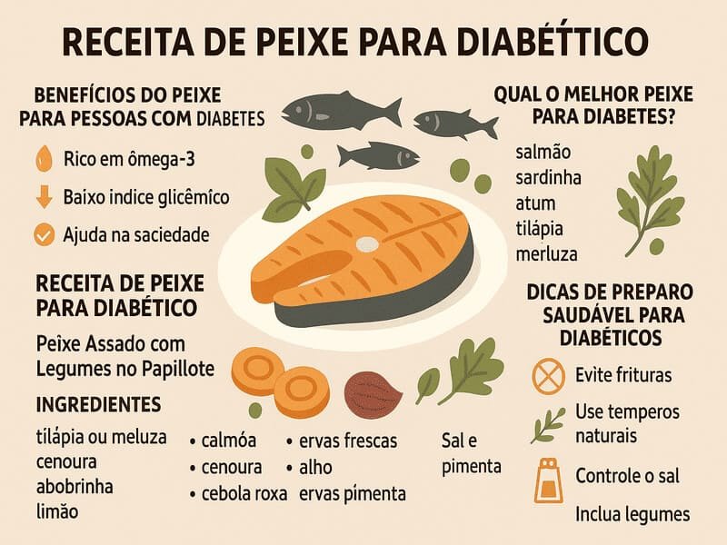 Receita de peixe para diabético cheia de sabor e saúde 1 Infográfico horizontal com título "Receita de peixe para diabético", destacando benefícios do peixe para pessoas com diabetes, como ômega-3 e baixo índice glicêmico, ingredientes para peixe assado com legumes no papillote, lista dos melhores peixes para diabéticos (salmão, sardinha, atum, tilápia e merluza) e dicas de preparo saudável como evitar frituras, usar temperos naturais e incluir legumes. Estilo flat design com elementos visuais coloridos e organizados.