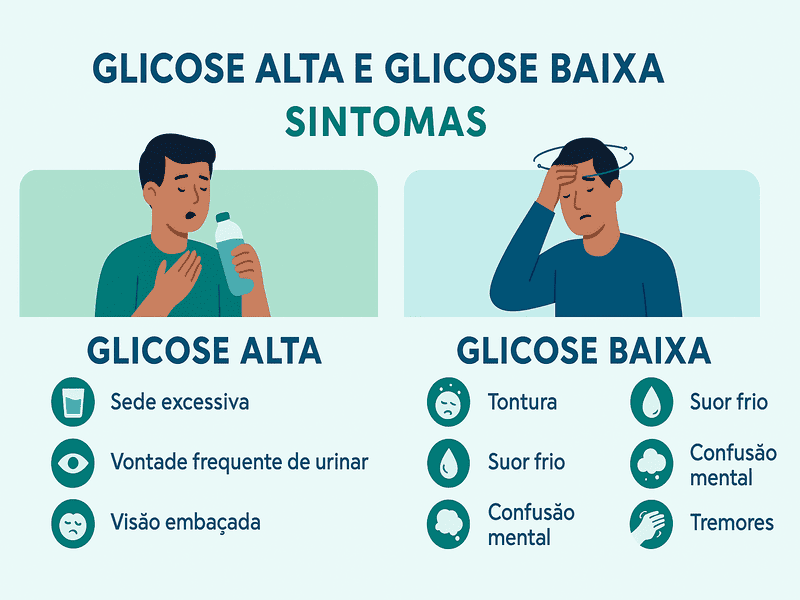 Glicose Alta e Glicose Baixa: Entenda os sintomas e riscos 1 Infográfico ilustrado comparando os sintomas de glicose alta e glicose baixa, com ícones e cores distintas para facilitar a identificação.