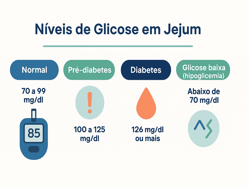 O que é glicose em jejum e como interpretar corretamente 1 Infográfico colorido em estilo flat mostrando os níveis de glicose em jejum, com ícones lúdicos e cores associadas à saúde. Ilustra os valores de referência em mg/dl: normal, pré-diabetes, diabetes e hipoglicemia.