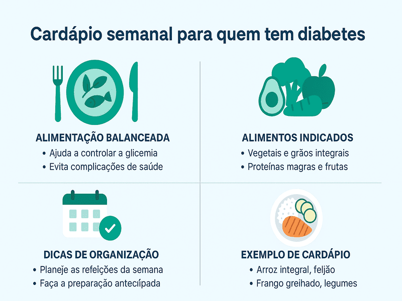 Cardápio semanal para quem tem diabetes: como montar o seu 1 Infográfico sobre cardápio semanal para quem tem diabetes com dicas de alimentação balanceada, alimentos indicados, organização das refeições e exemplo de prato saudável.