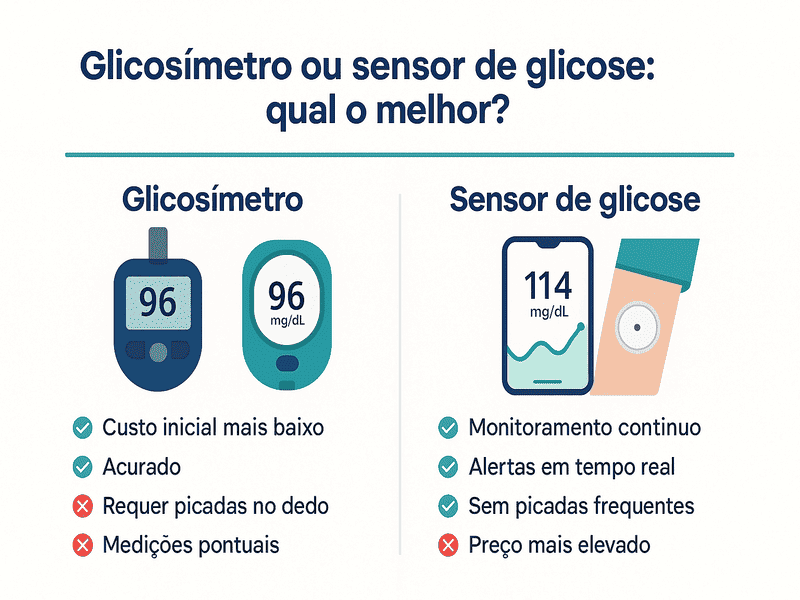 Glicosímetro ou sensor de glicose: qual o melhor? 1 Infográfico comparativo entre glicosímetro e sensor de glicose, destacando vantagens e desvantagens de cada tecnologia para controle da diabetes.