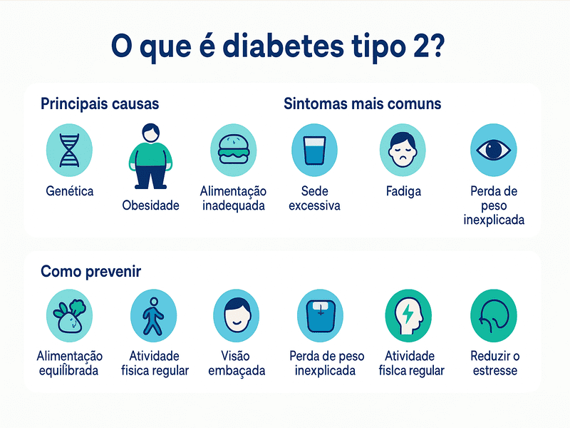 O que é diabetes tipo 2? Causas, sintomas e prevenção 1 Infográfico em português que responde à pergunta 'o que é diabetes tipo 2', com visual horizontal, colorido e minimalista. Explica causas como genética, obesidade e alimentação inadequada; sintomas como sede excessiva, cansaço e visão embaçada; e formas de prevenção com dieta saudável, atividade física e controle do estresse. Ideal para sites de saúde e educação.