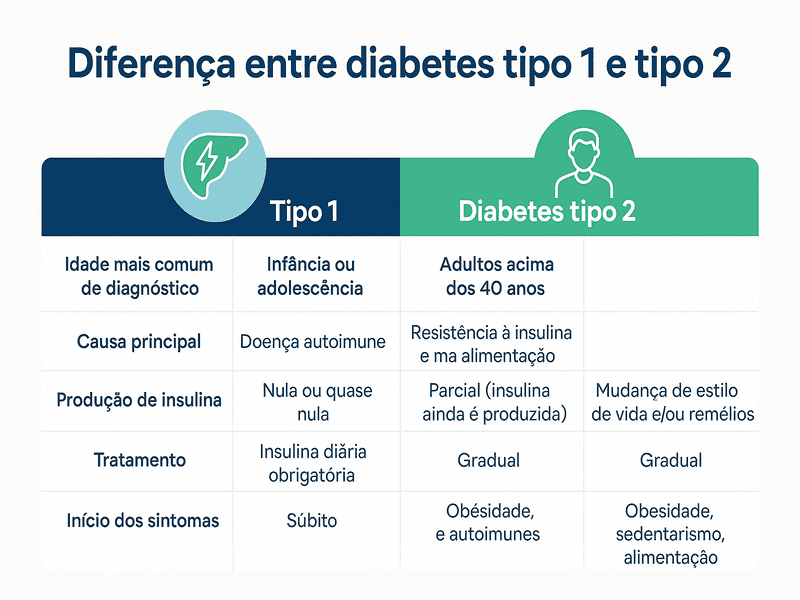 Diferença entre diabetes tipo 1 e tipo 2: saiba identificar 1 Infográfico horizontal comparando a diferença entre diabetes tipo 1 e tipo 2, com informações sobre causas, sintomas, idade de diagnóstico, tratamento e produção de insulina, em cores azul, verde, branco e cinza.
