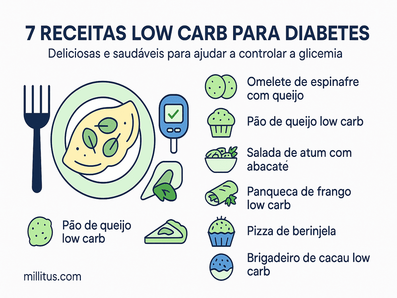 7 Receitas low carb para diabetes: Controle da glicemia 1 Infográfico com 7 receitas low carb para diabetes, incluindo omelete, pão de queijo, muffin salgado, salada de atum, panqueca de frango, pizza de berinjela e brigadeiro low carb, em design colorido e minimalista.