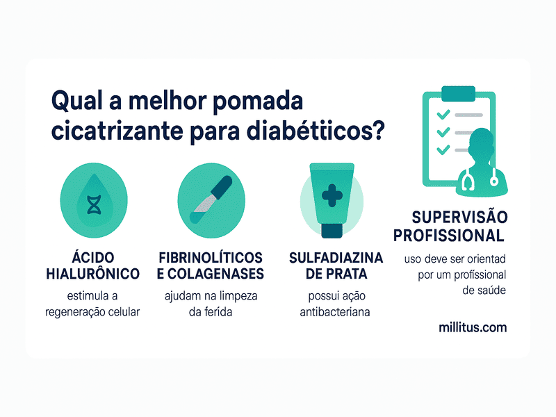 Qual a melhor pomada cicatrizante para diabéticos? 1 Infográfico explicativo sobre qual a melhor pomada cicatrizante para diabéticos, destacando ácido hialurônico, fibrinolíticos, sulfadiazina de prata e importância da supervisão médica.