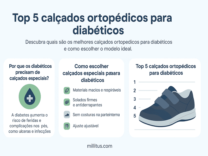 Top 5 calçados ortopédicos para diabéticos 1 Infográfico em português explicando os Top 5 calçados ortopédicos para diabéticos, com dicas visuais e ícones em azul, verde e branco.