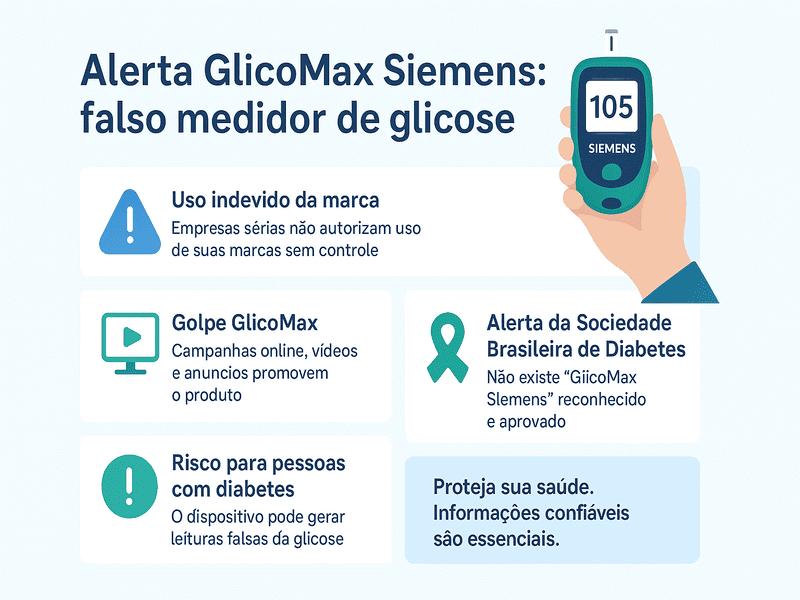 Alerta sobre o GlicoMax Siemens falso medidor de glicose 1 Infográfico em português alerta sobre o GlicoMax Siemens, falso medidor de glicose, destacando riscos, golpe e recomendações da Sociedade Brasileira de Diabetes.