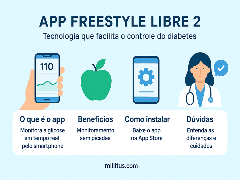 App FreeStyle Libre 2 controlar a glicose no iPhone 1 Infográfico sobre o app FreeStyle Libre 2, destacando benefícios, como funciona, instalação no iPhone e dúvidas frequentes para controle do diabetes.