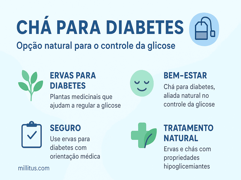 Chá para Diabetes: Opção Natural para o Controle da Glicose 1 Infográfico sobre chá para diabetes com benefícios, ervas medicinais, bem-estar e tratamento natural, em design minimalista e cores azul e verde.