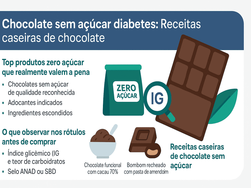 Chocolate sem açúcar diabetes: receitas caseira de chocolate 1 Infográfico horizontal e colorido com dicas e receitas de chocolate sem açúcar diabetes, com ícones e texto acessível em azul, verde e branco.